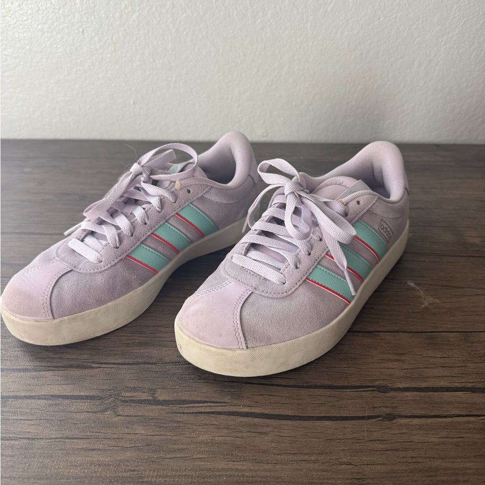 Adidas Women's Lilac Sneakers with Teal and Coral Stripes